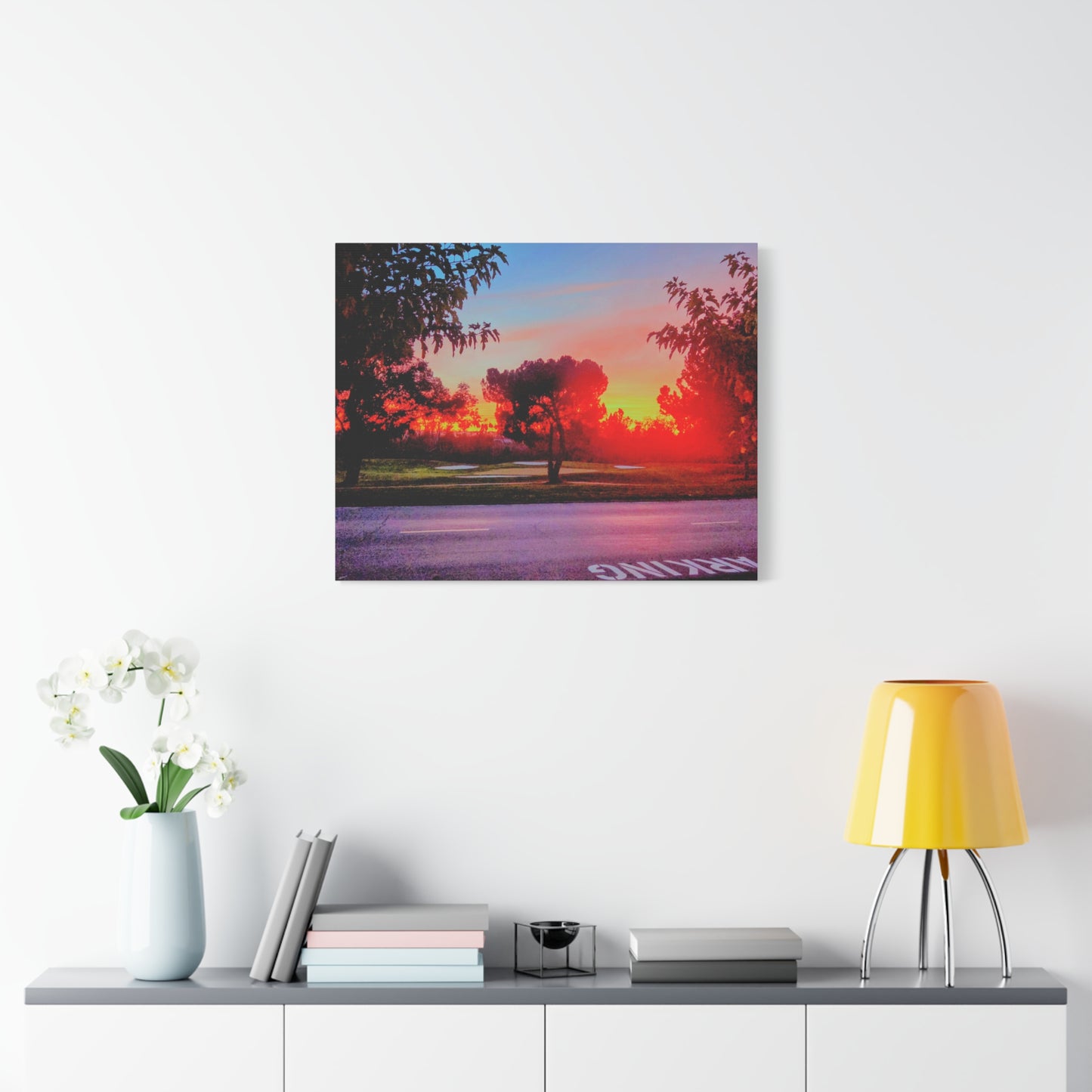 4th green @muni - Sunset Park Matte Canvas Print — Vibrant Red & Orange Landscape Wall Art