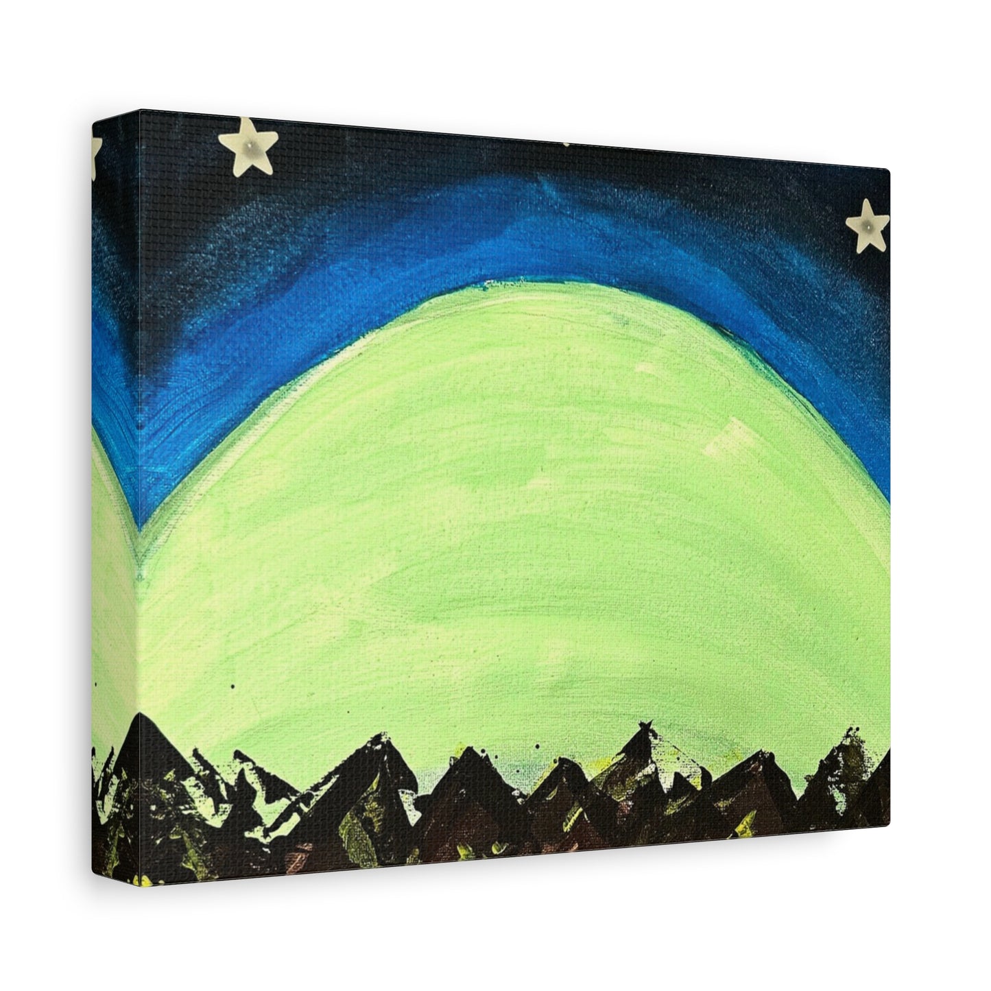 Green Moonrise Canvas Wall Art – Mountain Silhouette Nightscape