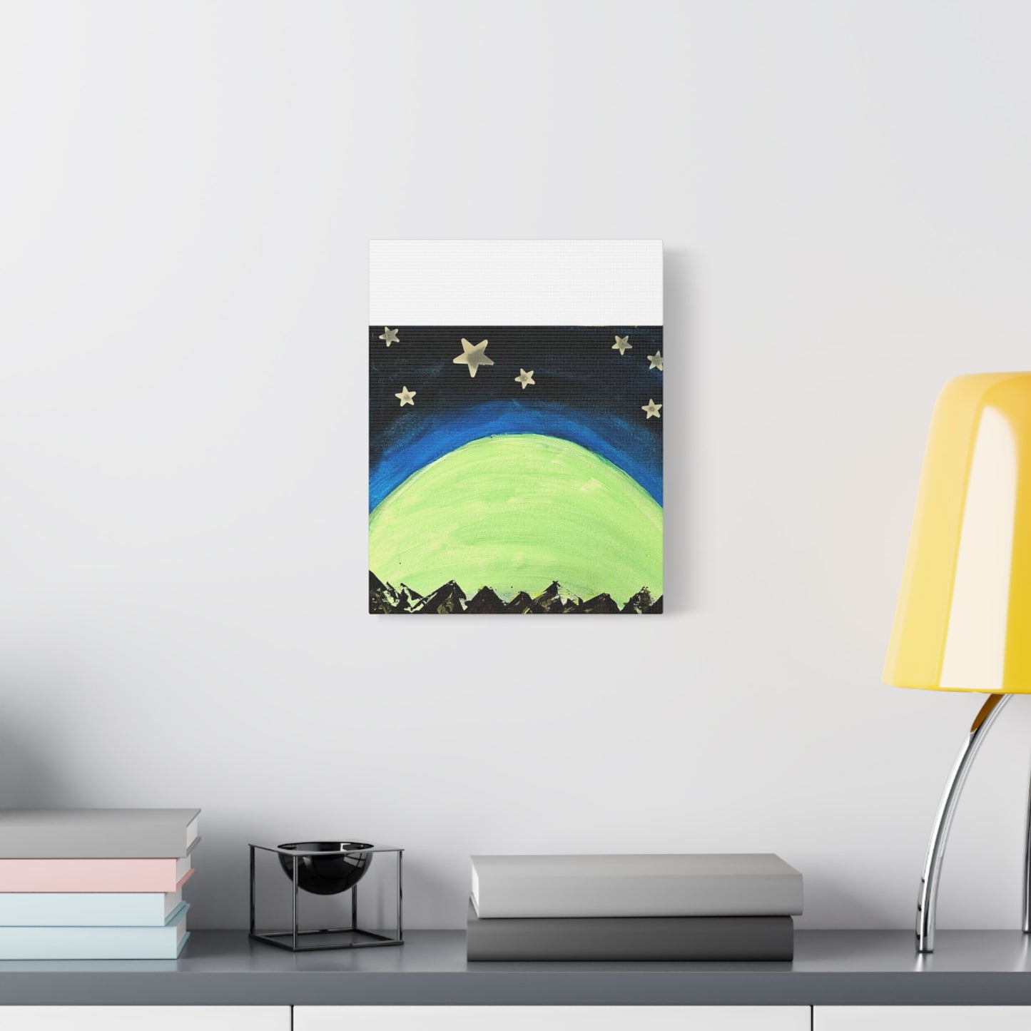 Green Moonrise Canvas Wall Art – Mountain Silhouette Nightscape