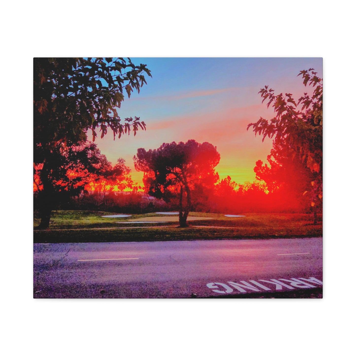 4th green @muni - Sunset Park Matte Canvas Print — Vibrant Red & Orange Landscape Wall Art