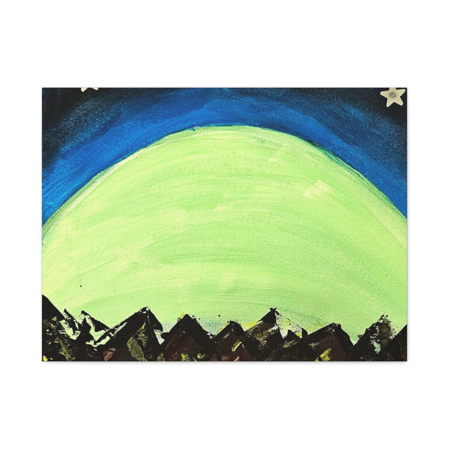 Green Moonrise Canvas Wall Art – Mountain Silhouette Nightscape