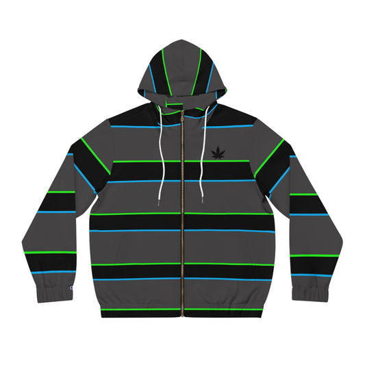 Men's Striped Full-Zip Hoodie — Neon Green & Blue Retro Stripe with Subtle Leaf Accent