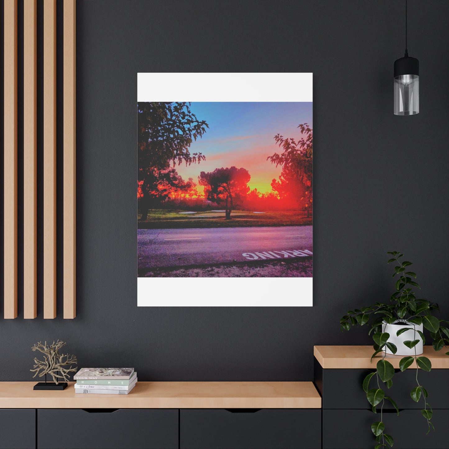 4th green @muni - Sunset Park Matte Canvas Print — Vibrant Red & Orange Landscape Wall Art