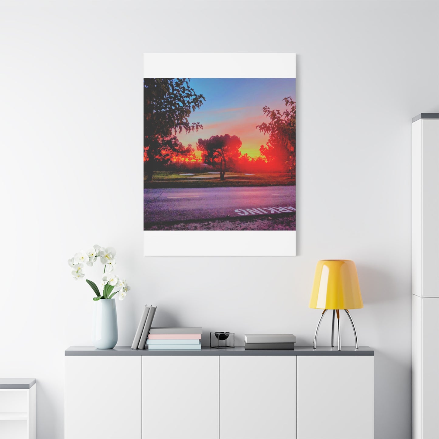 4th green @muni - Sunset Park Matte Canvas Print — Vibrant Red & Orange Landscape Wall Art