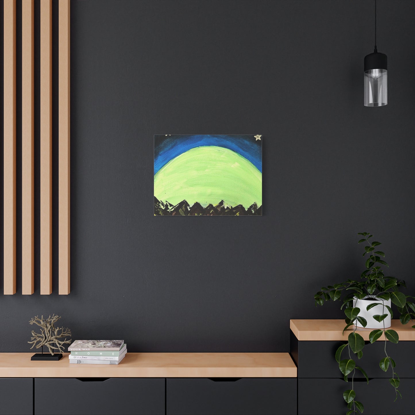 Green Moonrise Canvas Wall Art – Mountain Silhouette Nightscape