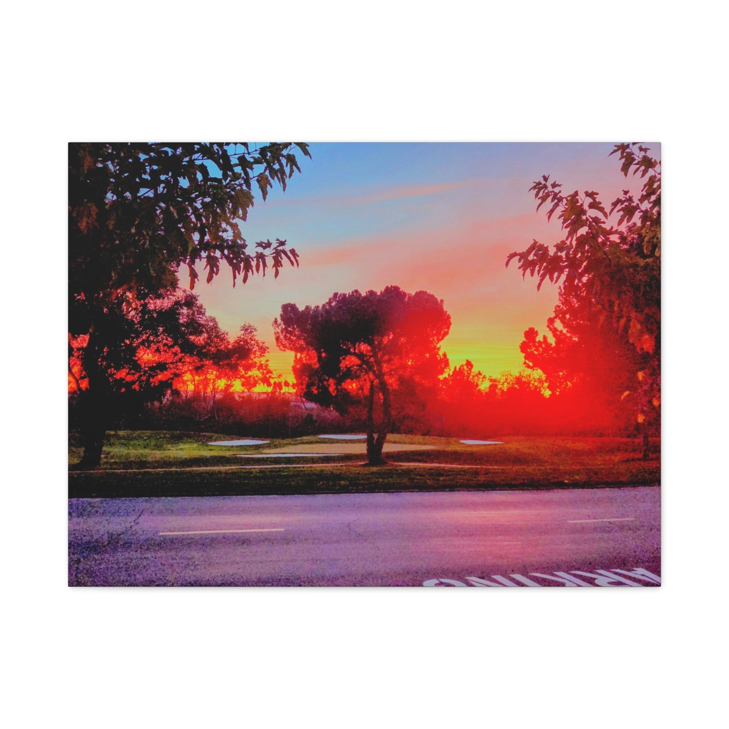 4th green @muni - Sunset Park Matte Canvas Print — Vibrant Red & Orange Landscape Wall Art