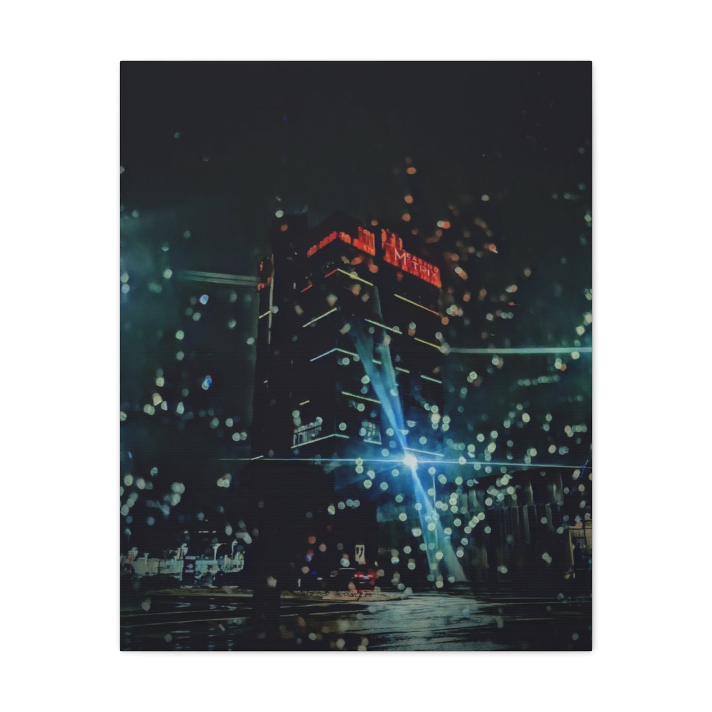 matrix @night Canvas Print — Moody Rainy Urban Wall Art (Matte Stretched)