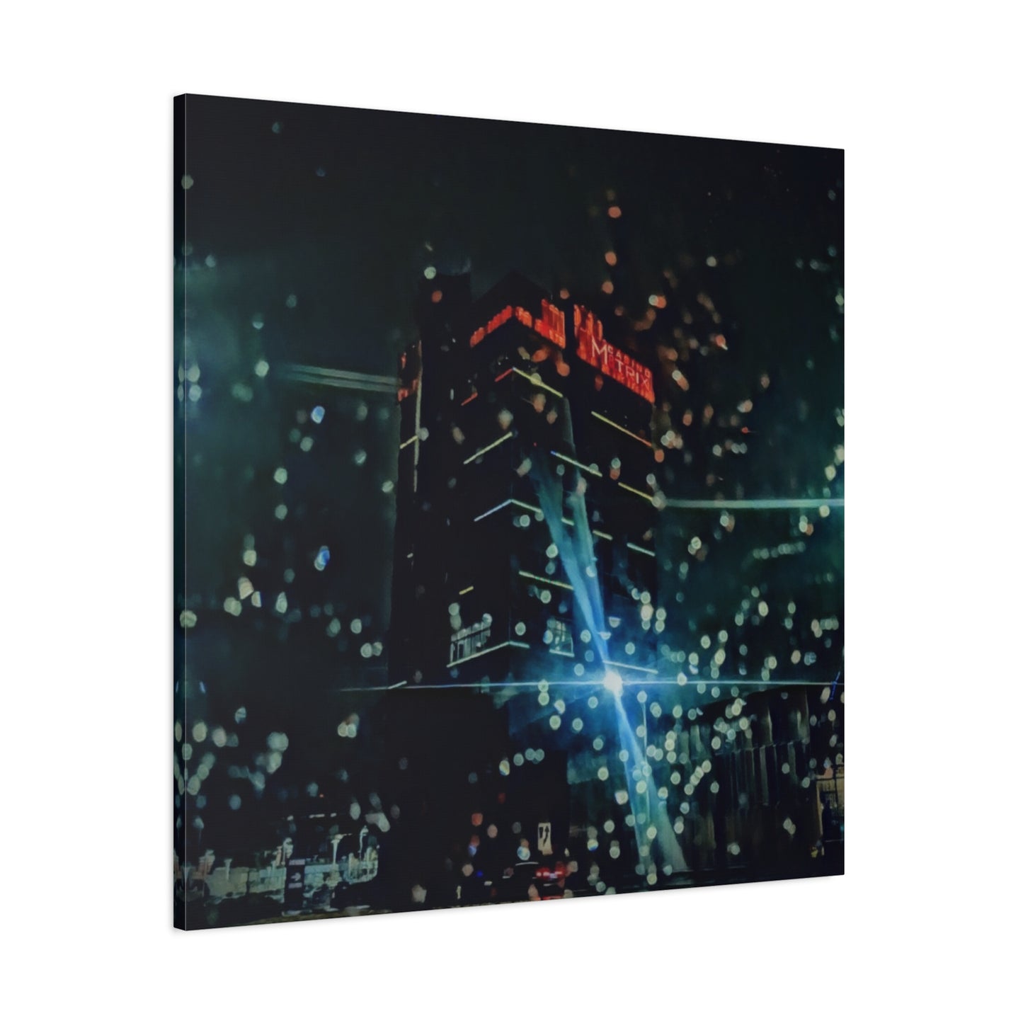 matrix @night Canvas Print — Moody Rainy Urban Wall Art (Matte Stretched)