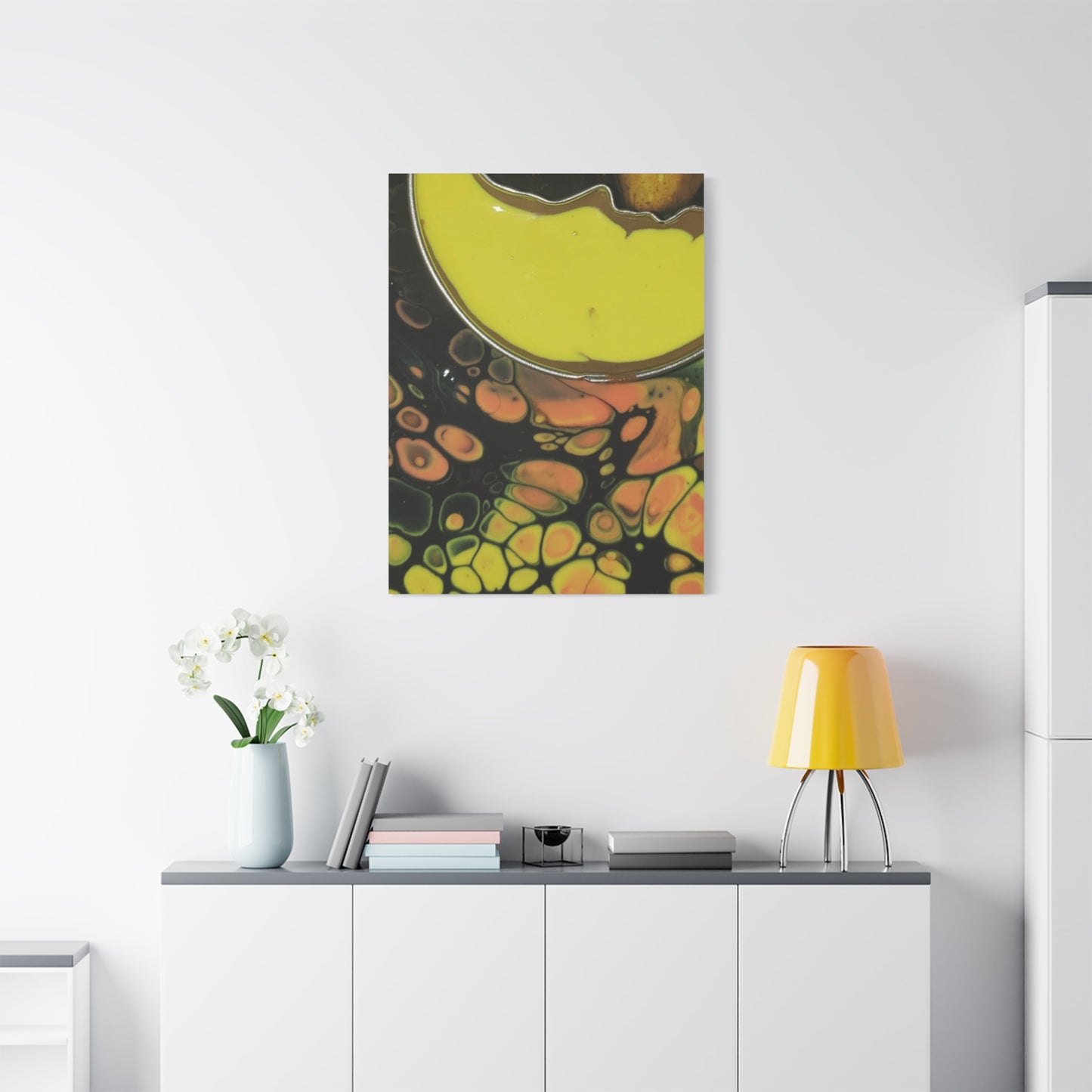 Abstract Fluid Art Canvas Print — Yellow & Black Cell Pour