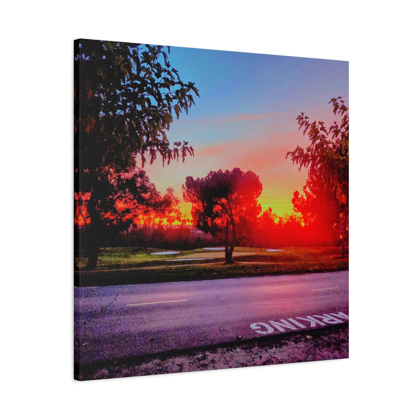 4th green @muni - Sunset Park Matte Canvas Print — Vibrant Red & Orange Landscape Wall Art