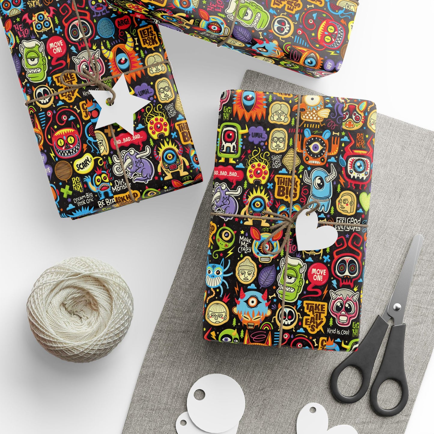Wrapping Paper - Colorful Neon Emoji Doodles Gift Wrap (Halloween & Birthday)