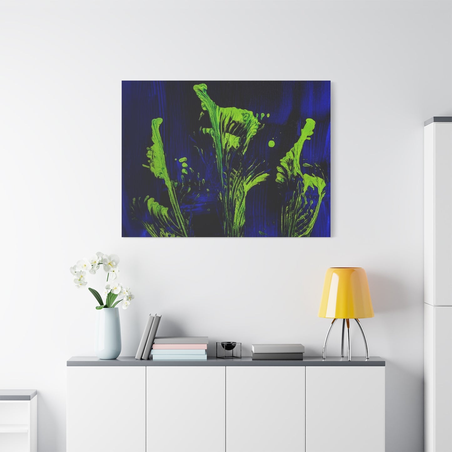 calla_lillies_pt.2 - Neon Floral Abstract Canvas Print — Blue & Lime Stretched Wall Art