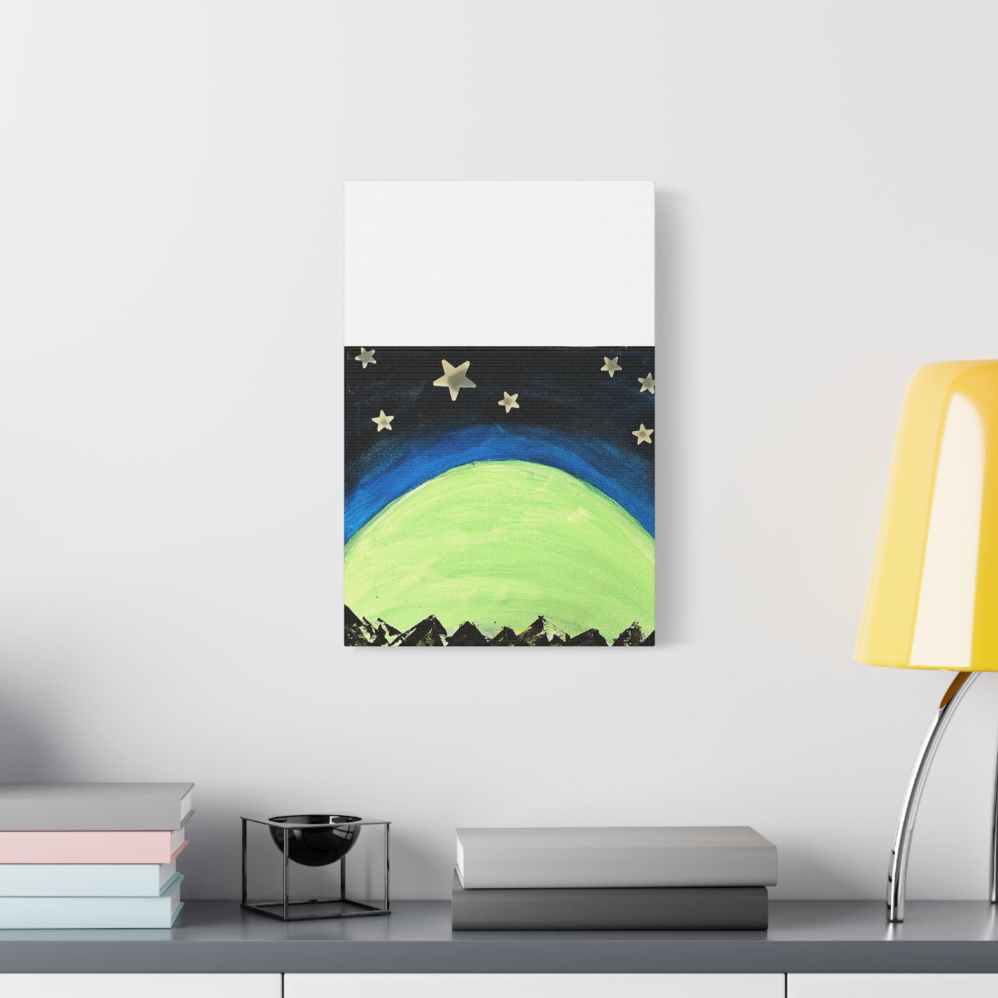 Green Moonrise Canvas Wall Art – Mountain Silhouette Nightscape