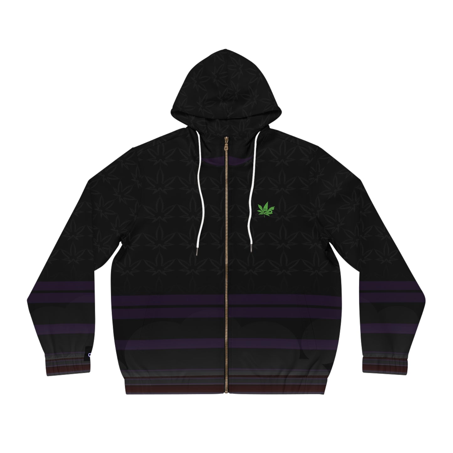 Men's Full-Zip Hoodie – Black Subtle Leaf Pattern with Purple Stripes & Green Emblem