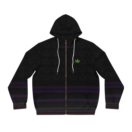 Men's Full-Zip Hoodie – Black Subtle Leaf Pattern with Purple Stripes & Green Emblem