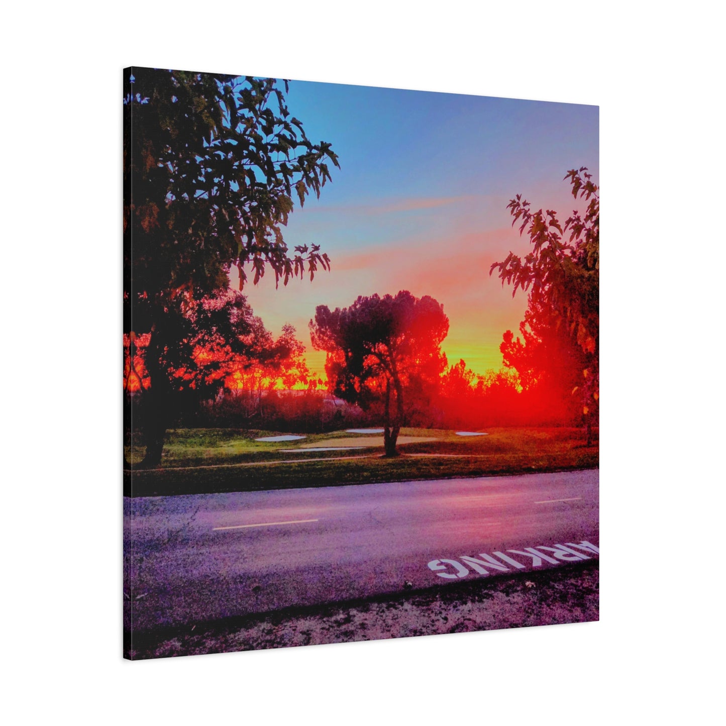 4th green @muni - Sunset Park Matte Canvas Print — Vibrant Red & Orange Landscape Wall Art