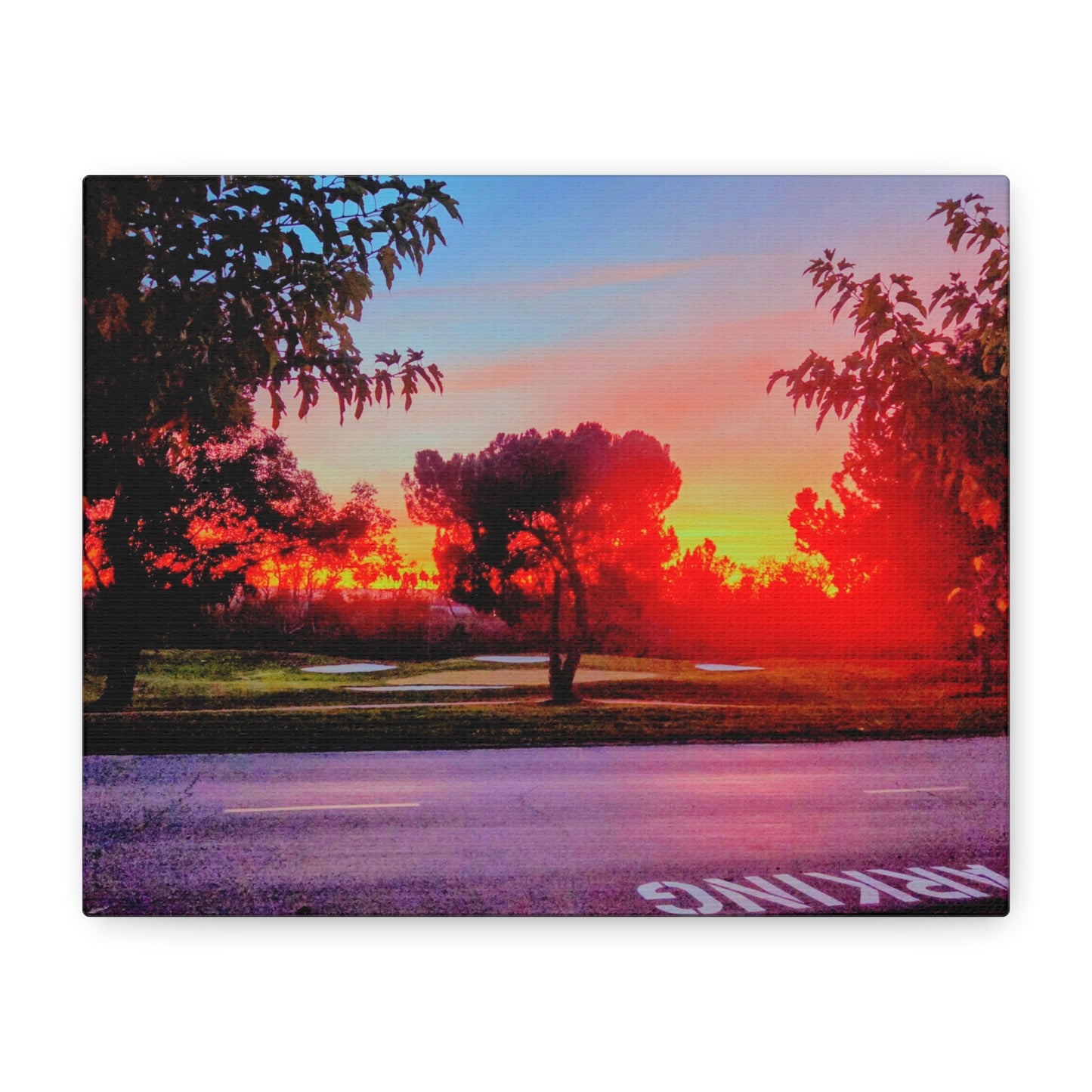 4th green @muni - Sunset Park Matte Canvas Print — Vibrant Red & Orange Landscape Wall Art