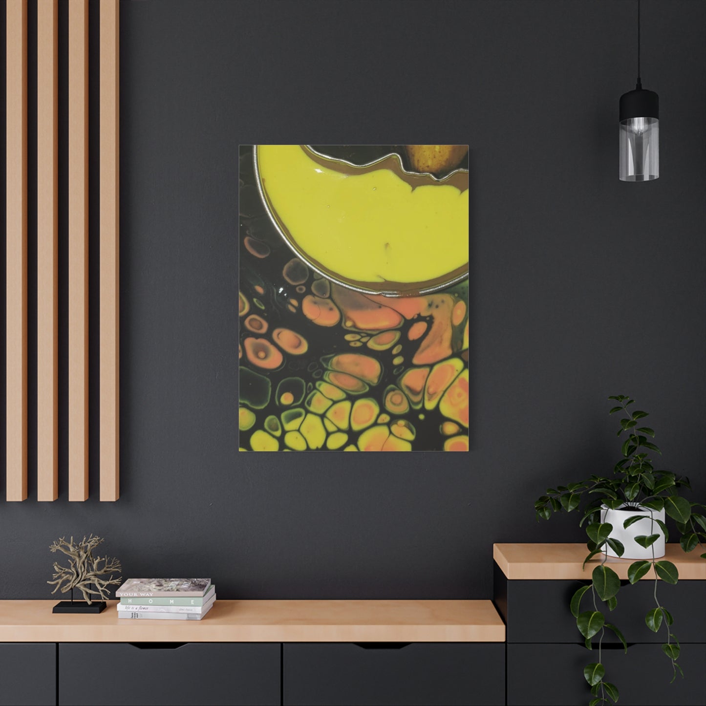 Abstract Fluid Art Canvas Print — Yellow & Black Cell Pour