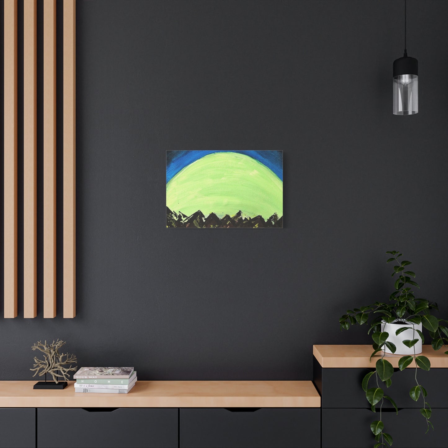 Green Moonrise Canvas Wall Art – Mountain Silhouette Nightscape