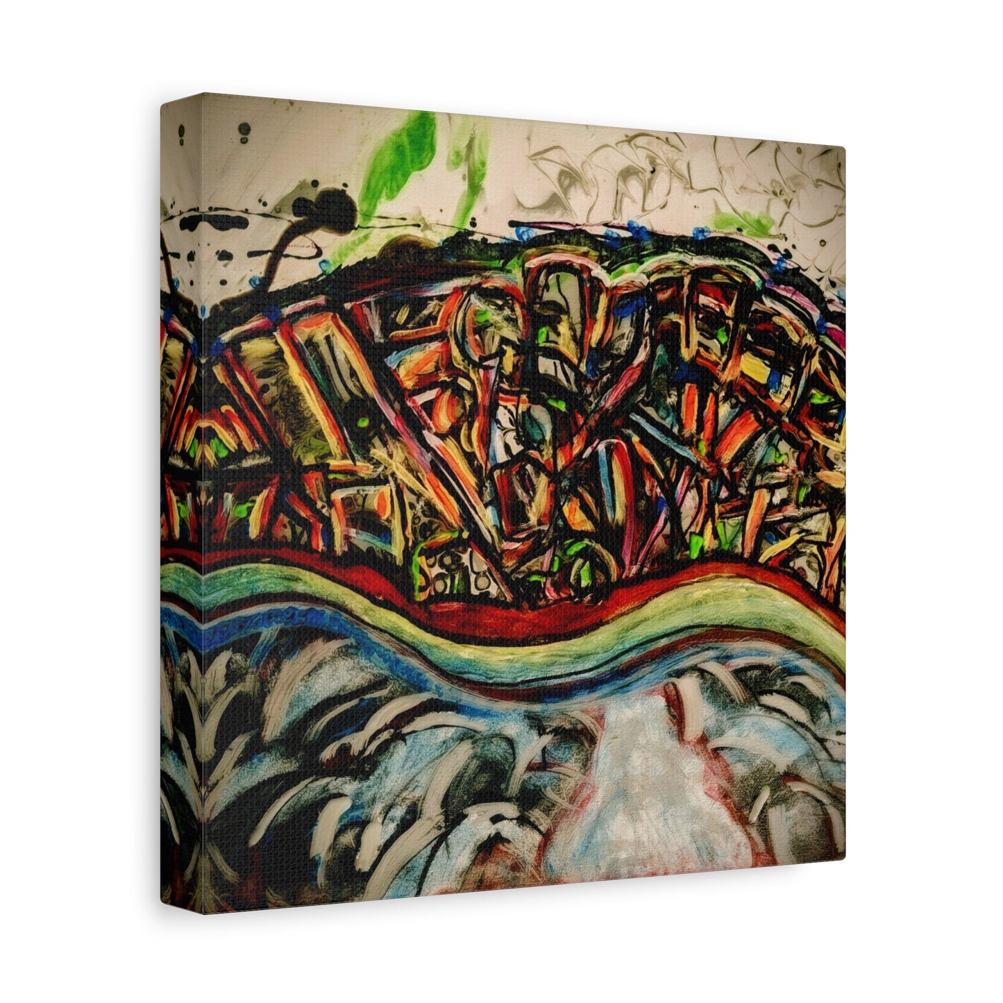 Acrylic_inequalities - Abstract Coastal Cityscape Canvas — Vibrant Ocean Wave Wall Art