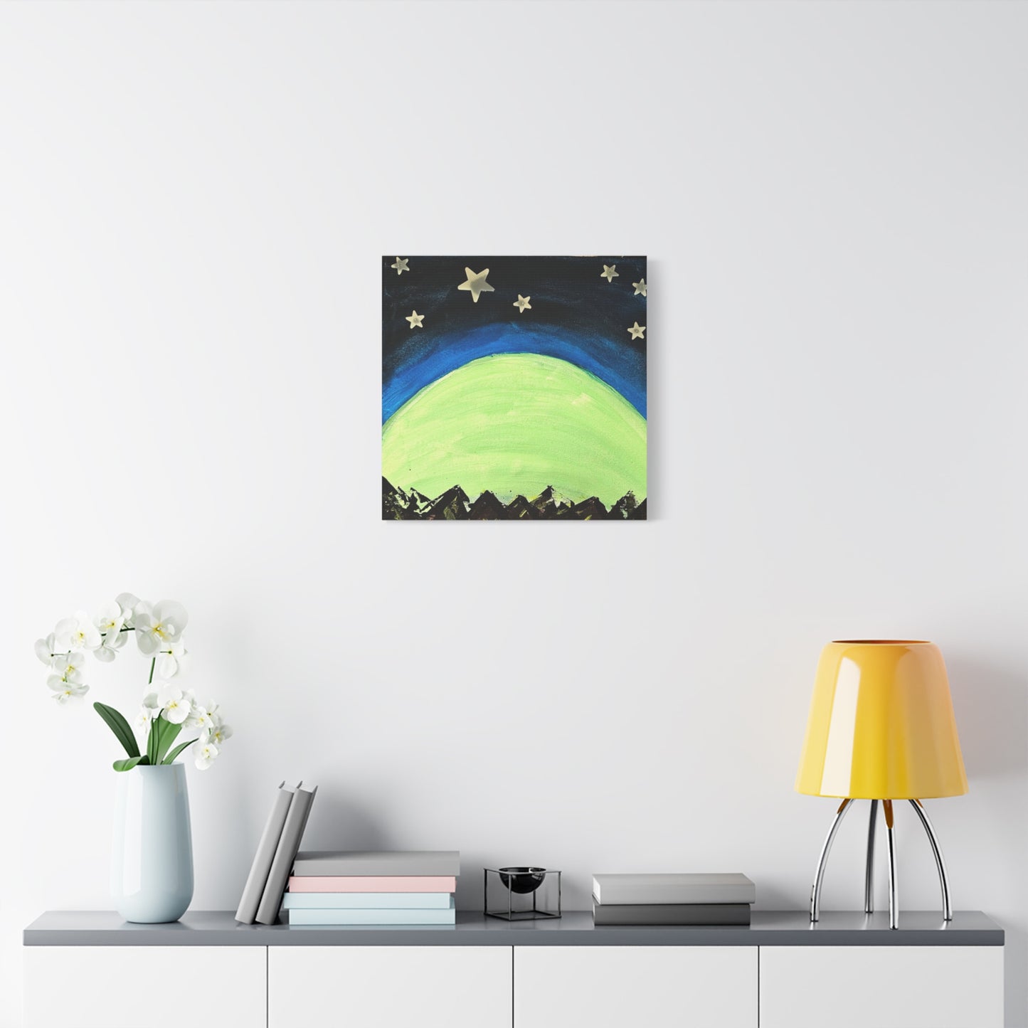 Green Moonrise Canvas Wall Art – Mountain Silhouette Nightscape