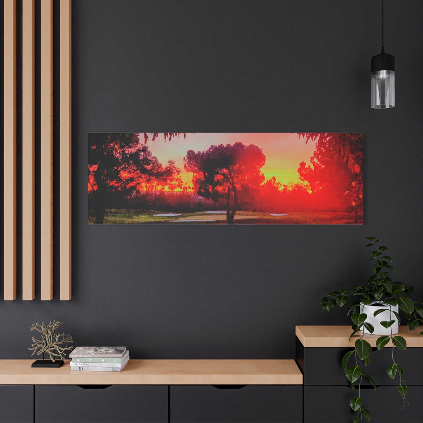 4th green @muni - Sunset Park Matte Canvas Print — Vibrant Red & Orange Landscape Wall Art