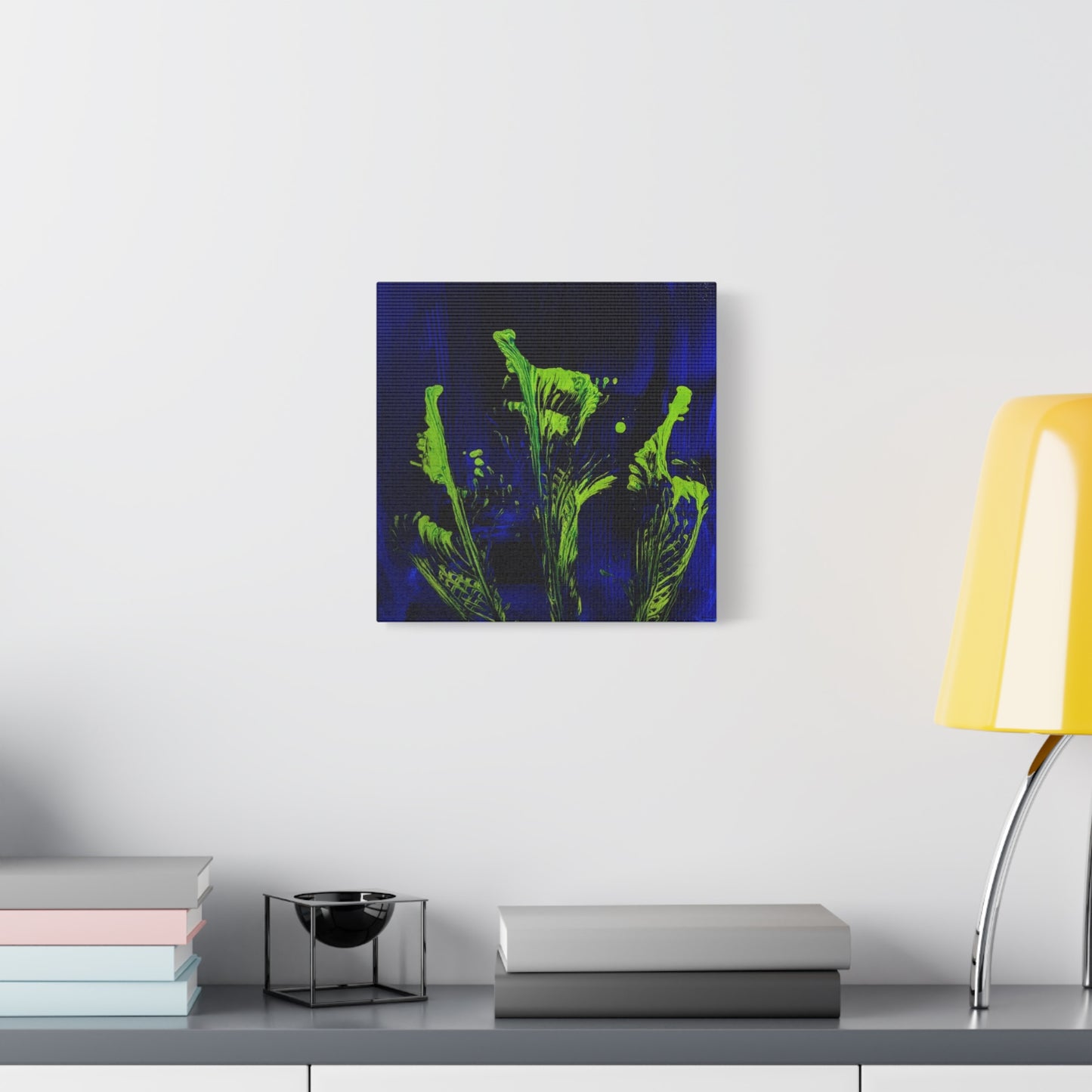 calla_lillies_pt.2 - Neon Floral Abstract Canvas Print — Blue & Lime Stretched Wall Art