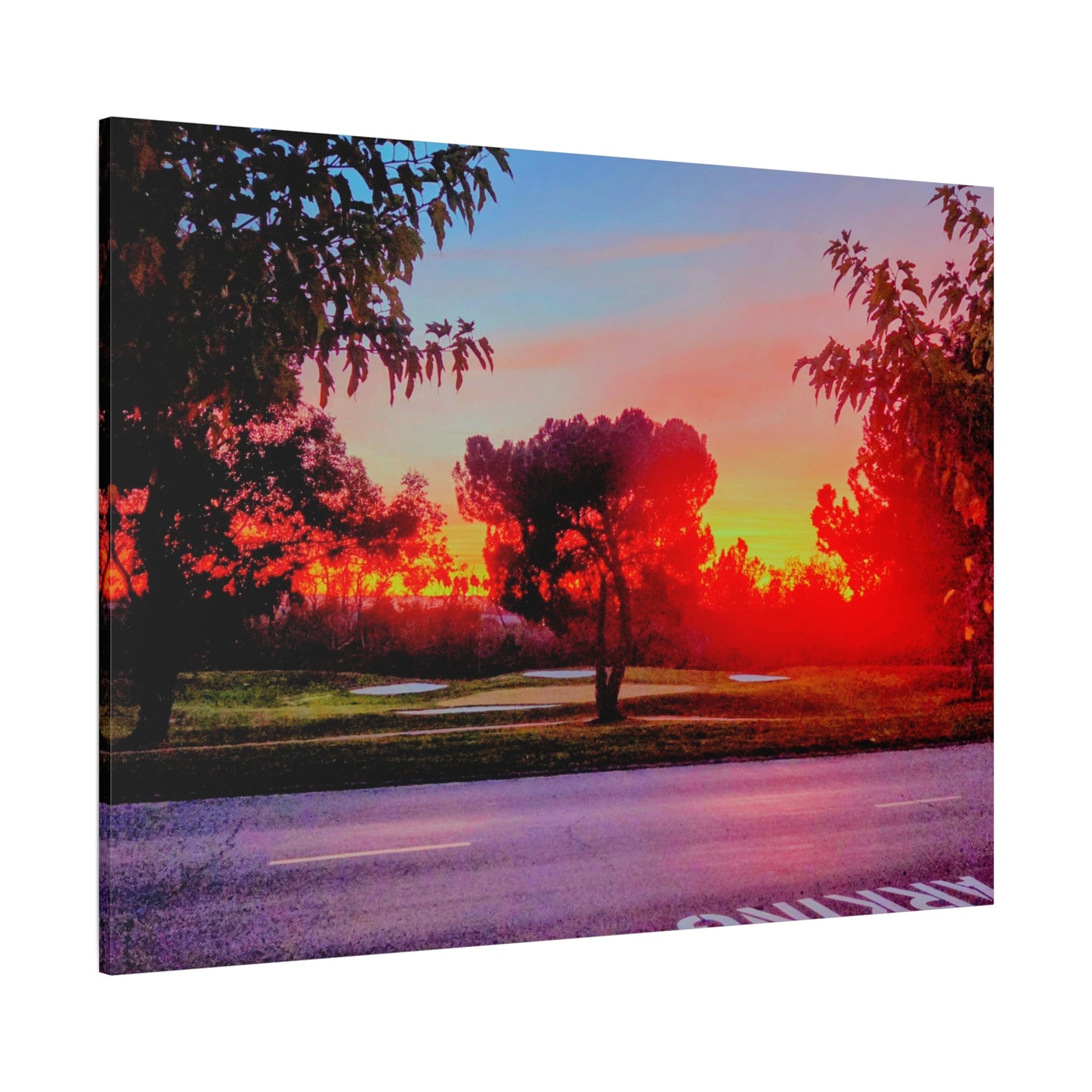 4th green @muni - Sunset Park Matte Canvas Print — Vibrant Red & Orange Landscape Wall Art