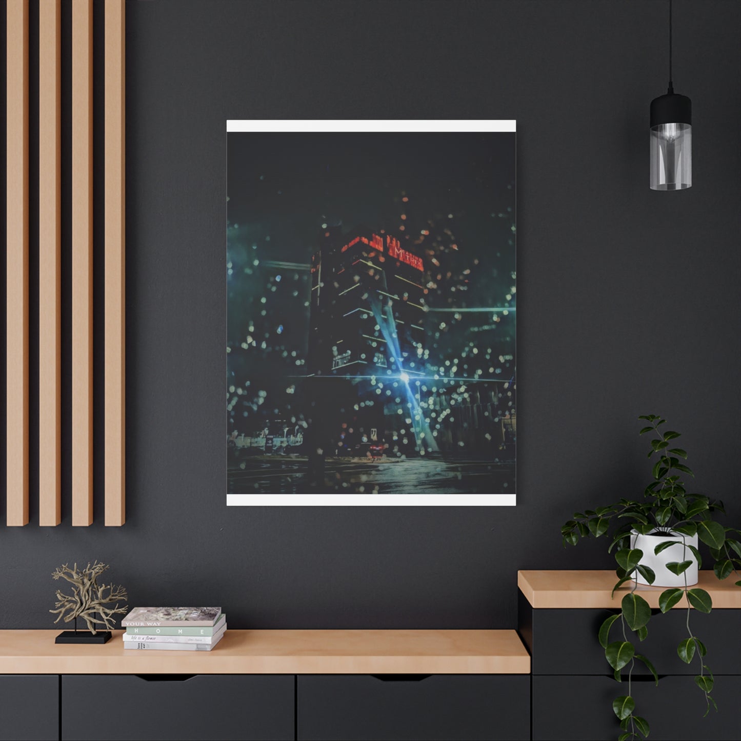 matrix @night Canvas Print — Moody Rainy Urban Wall Art (Matte Stretched)
