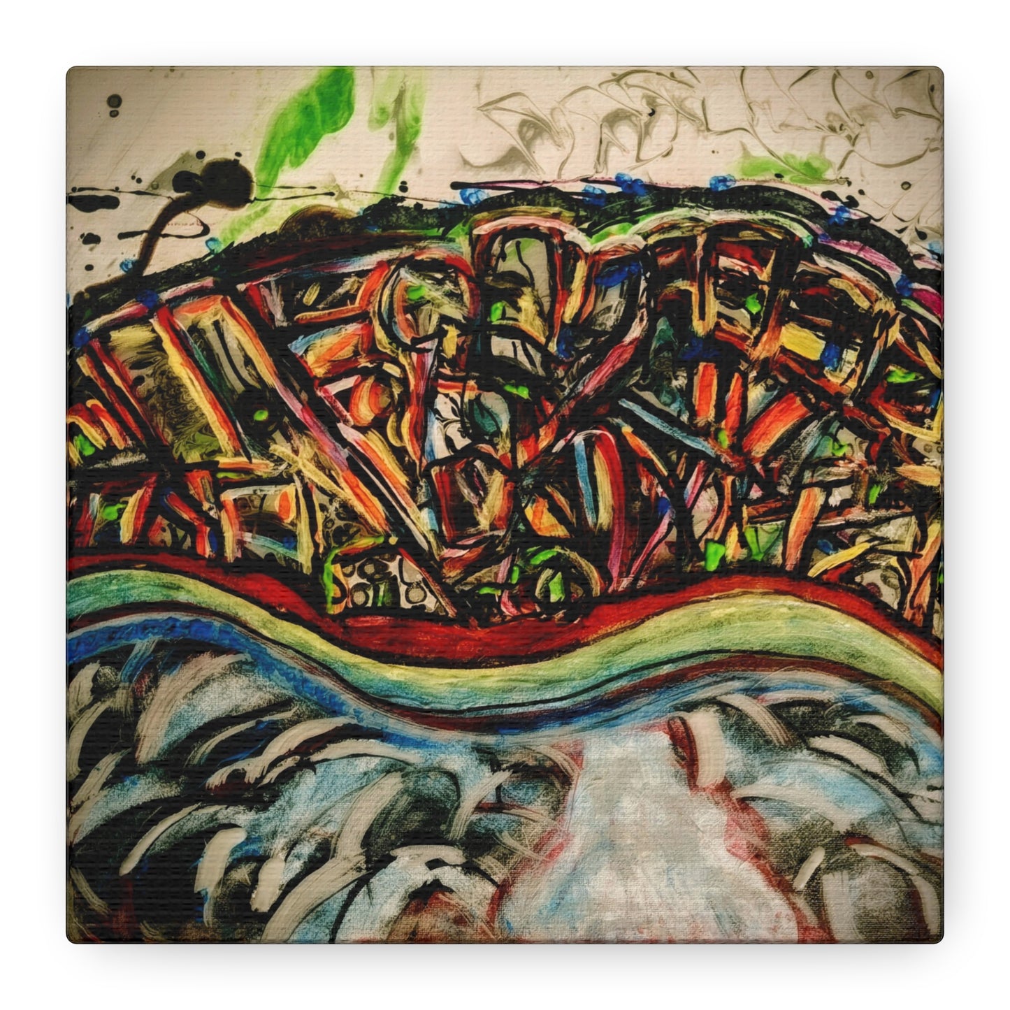 Acrylic_inequalities - Abstract Coastal Cityscape Canvas — Vibrant Ocean Wave Wall Art
