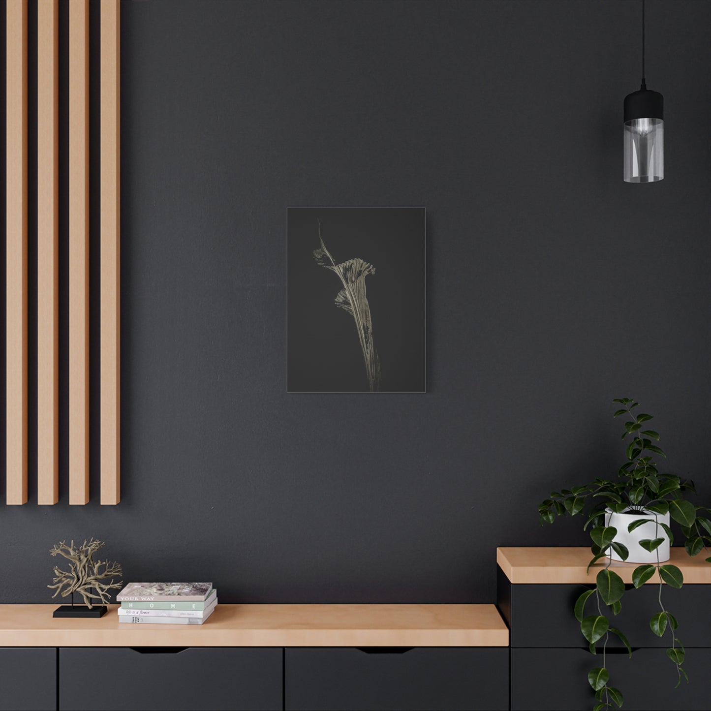 Calla Lilly - Minimalist Botanical Canvas Print — Monochrome Flower Art on Black Matte