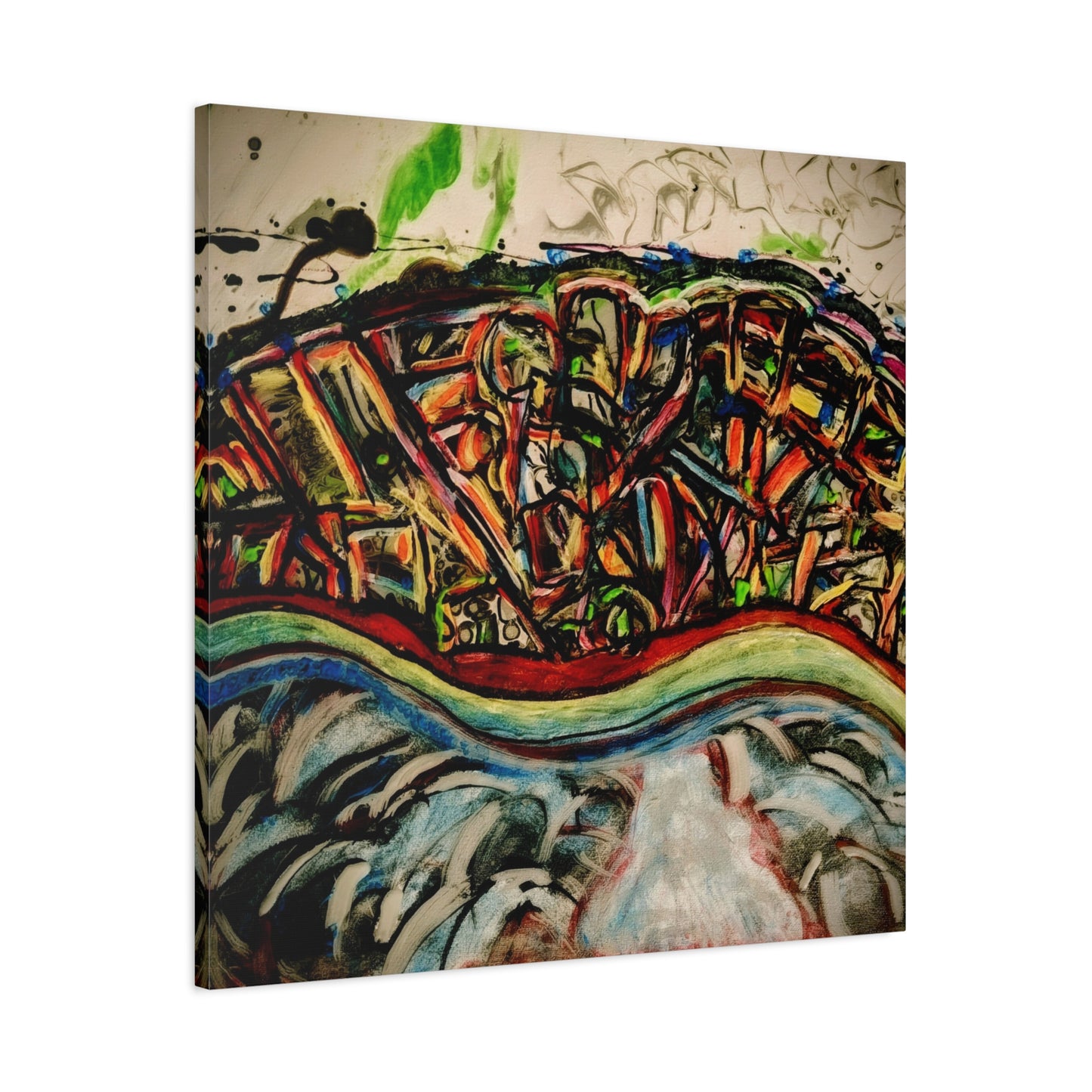 Acrylic_inequalities - Abstract Coastal Cityscape Canvas — Vibrant Ocean Wave Wall Art