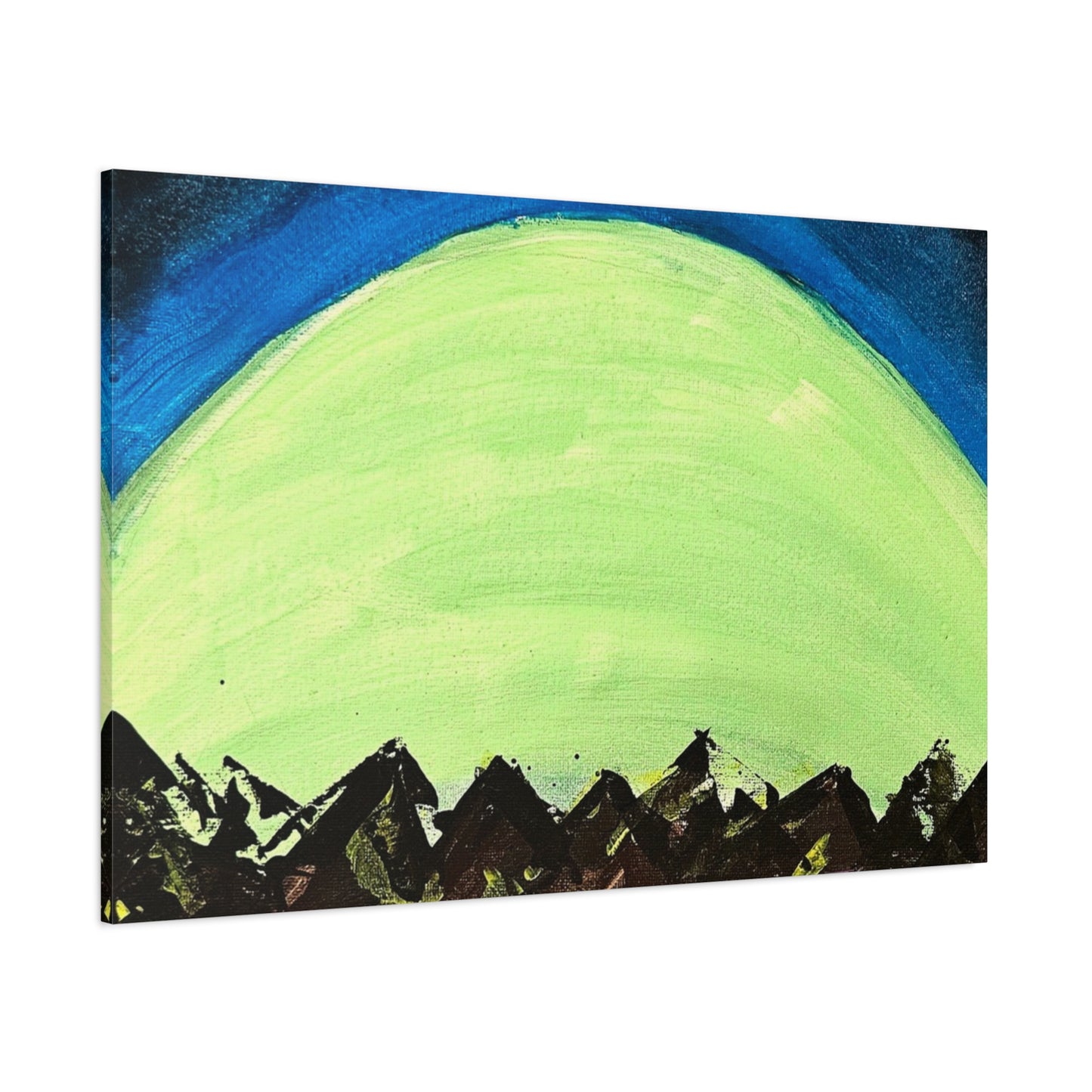 Green Moonrise Canvas Wall Art – Mountain Silhouette Nightscape