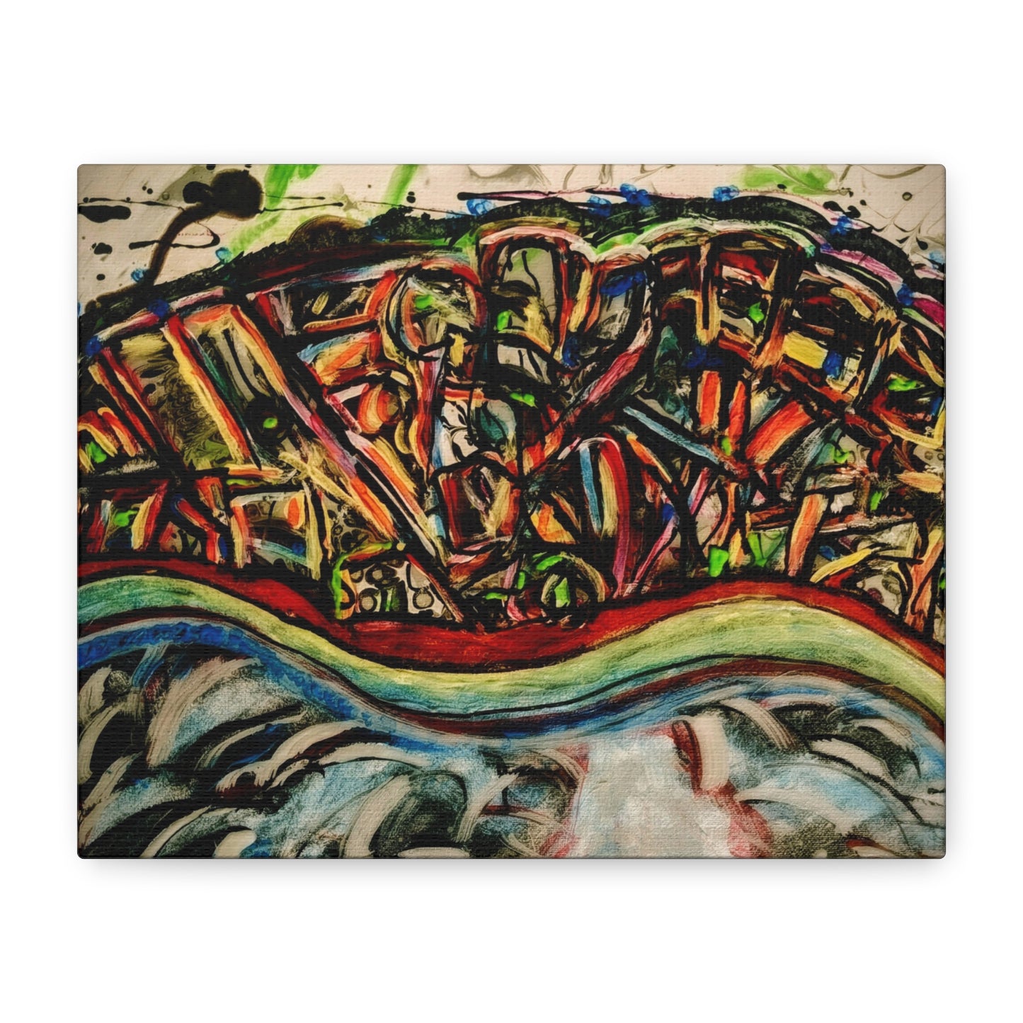 Acrylic_inequalities - Abstract Coastal Cityscape Canvas — Vibrant Ocean Wave Wall Art