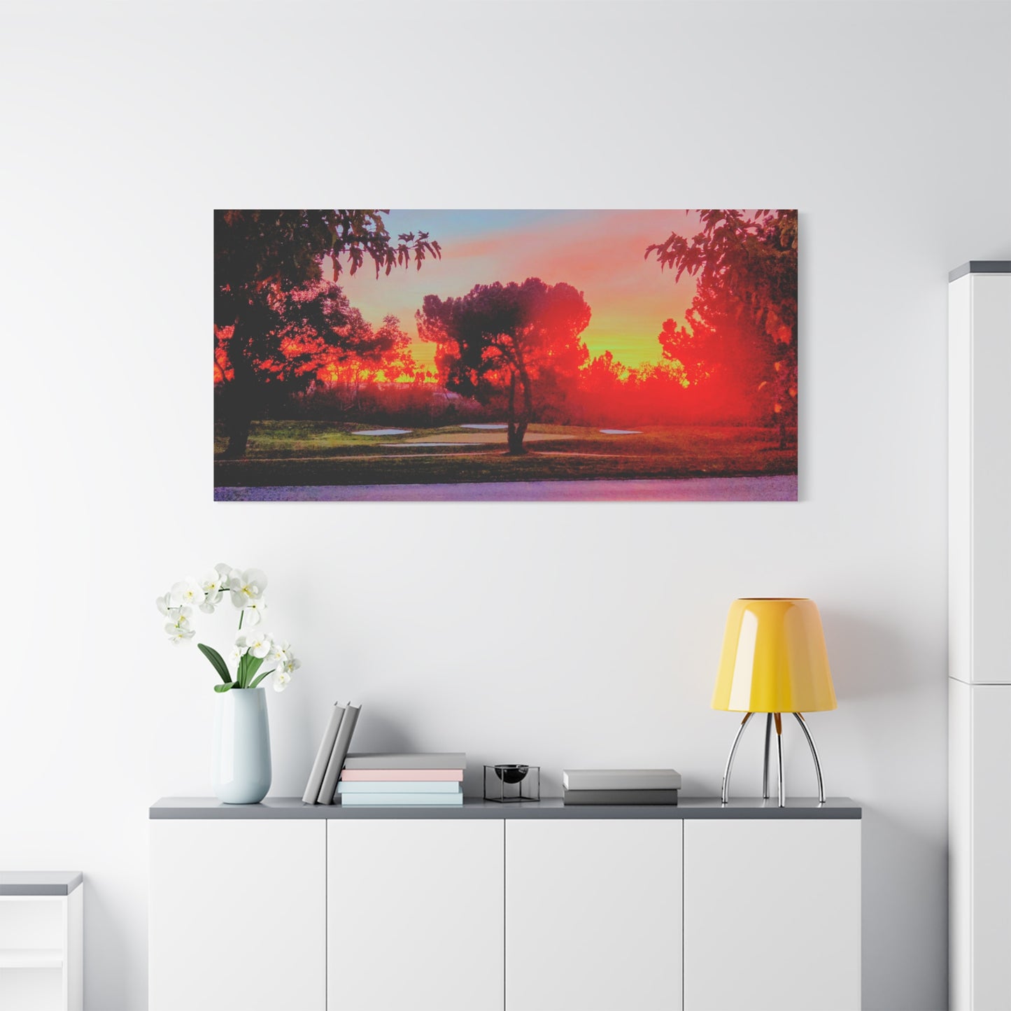 4th green @muni - Sunset Park Matte Canvas Print — Vibrant Red & Orange Landscape Wall Art