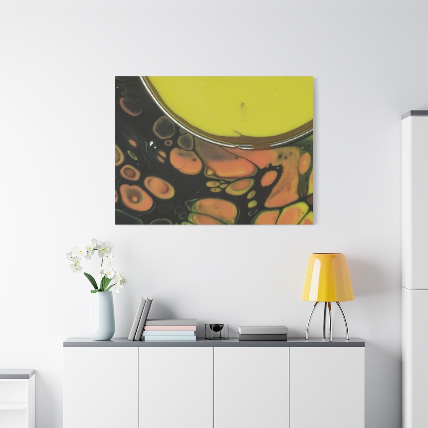 Abstract Fluid Art Canvas Print — Yellow & Black Cell Pour