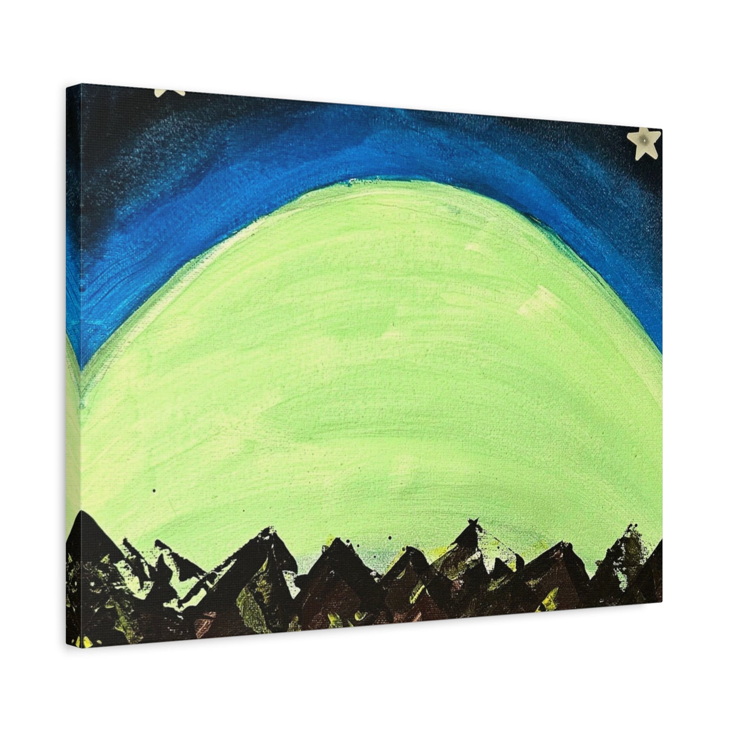 Green Moonrise Canvas Wall Art – Mountain Silhouette Nightscape