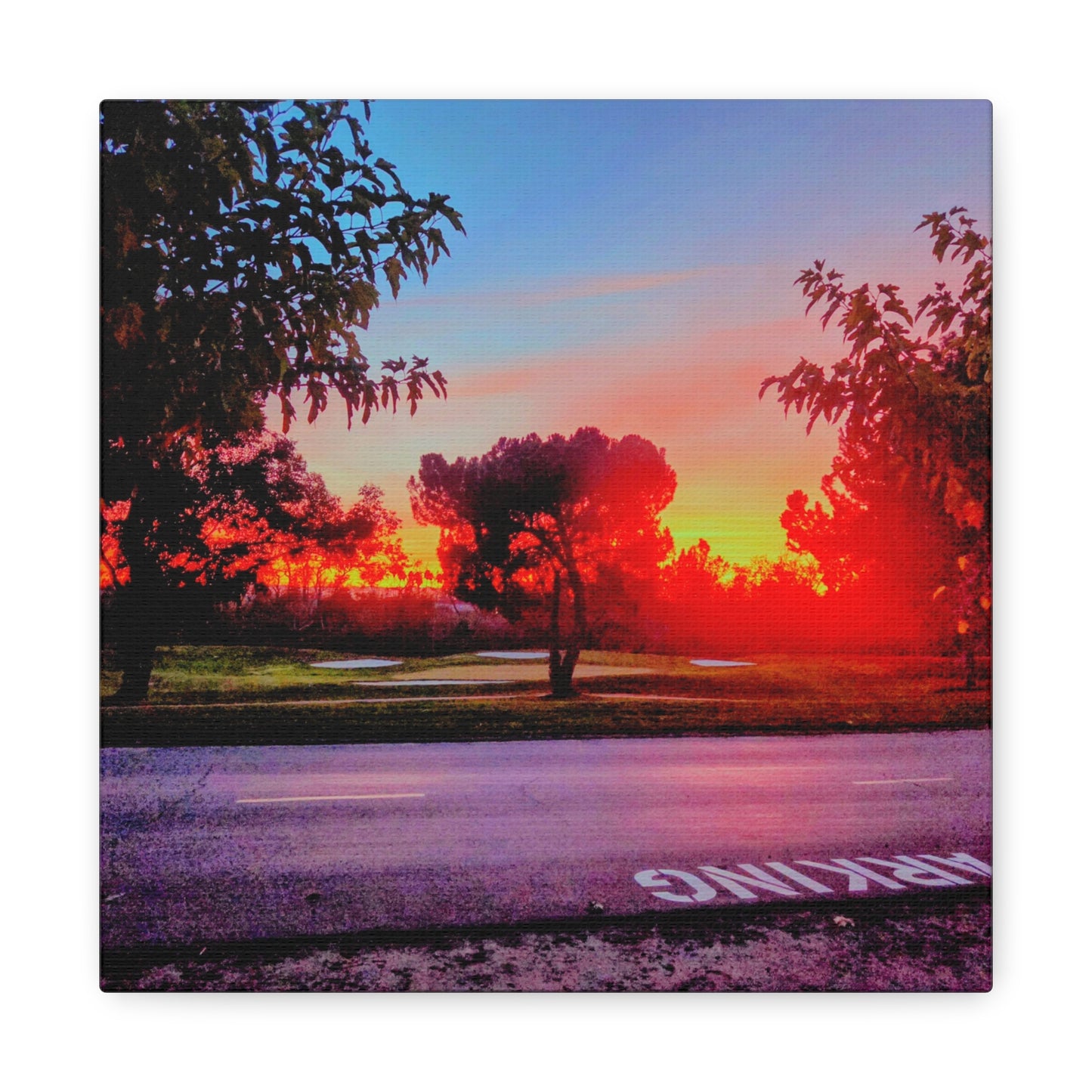 4th green @muni - Sunset Park Matte Canvas Print — Vibrant Red & Orange Landscape Wall Art