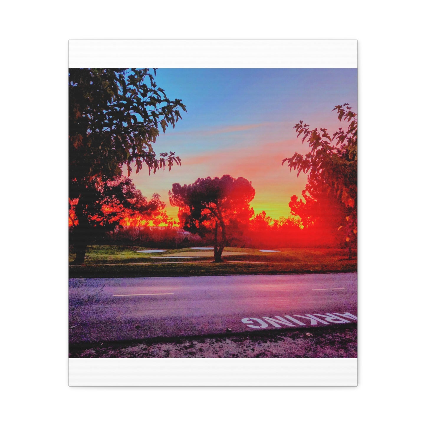 4th green @muni - Sunset Park Matte Canvas Print — Vibrant Red & Orange Landscape Wall Art