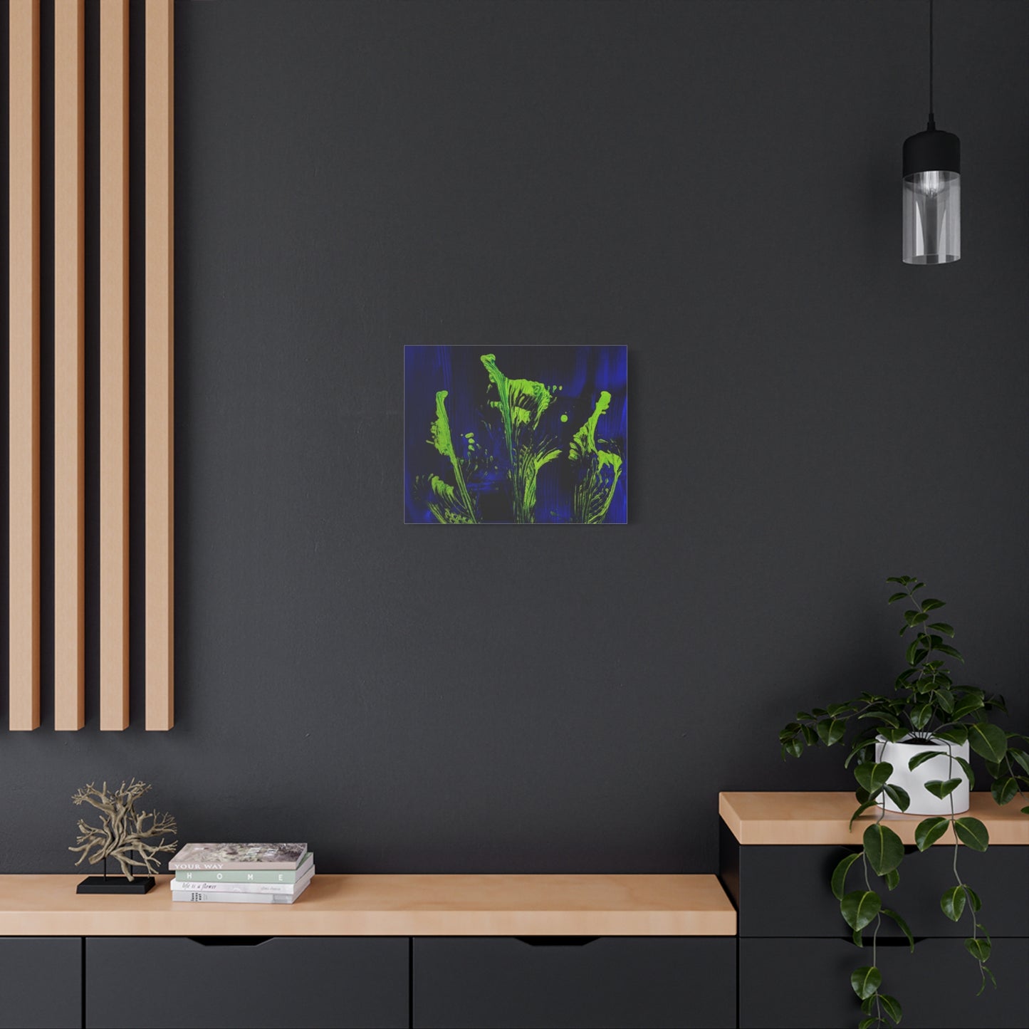 calla_lillies_pt.2 - Neon Floral Abstract Canvas Print — Blue & Lime Stretched Wall Art