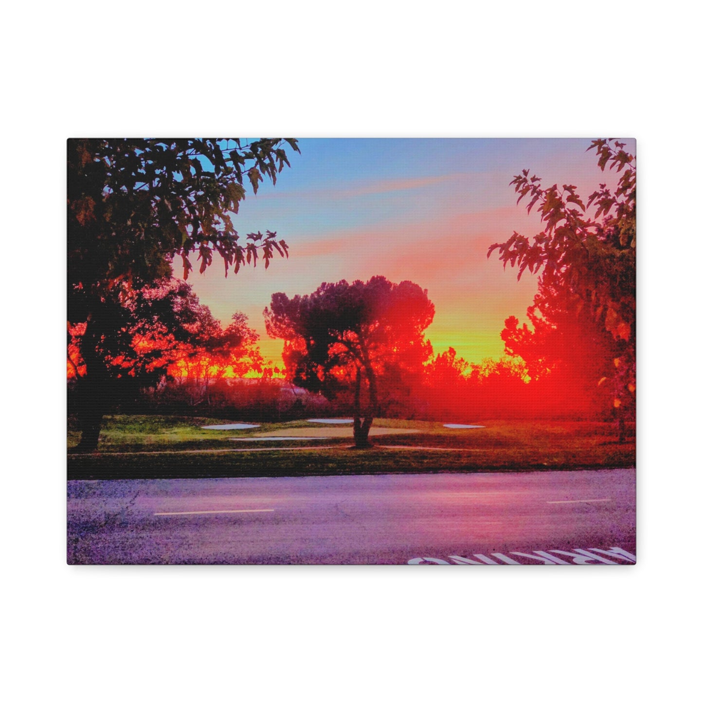 4th green @muni - Sunset Park Matte Canvas Print — Vibrant Red & Orange Landscape Wall Art