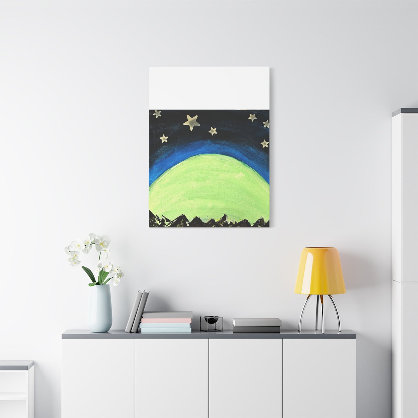 Green Moonrise Canvas Wall Art – Mountain Silhouette Nightscape