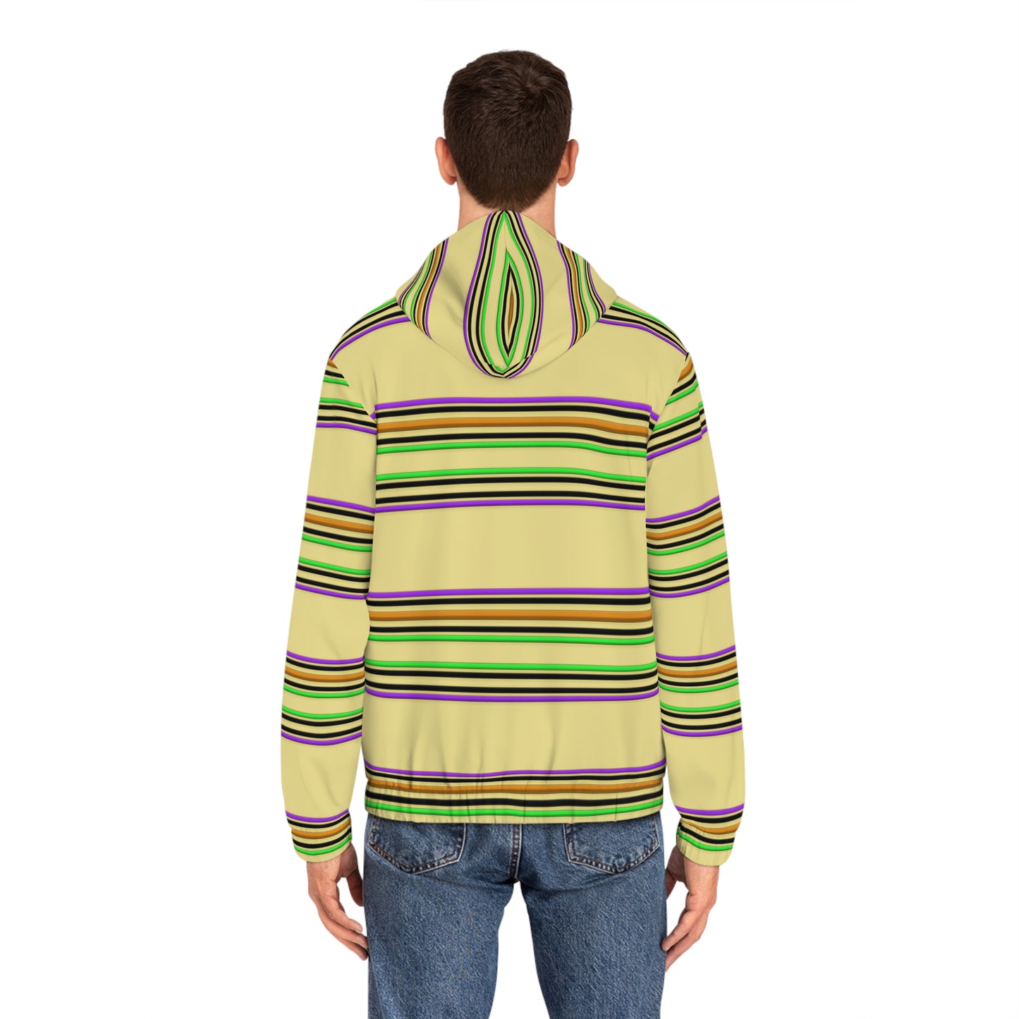Striped Full-Zip Hoodie – Retro Green & Yellow All-Over Print