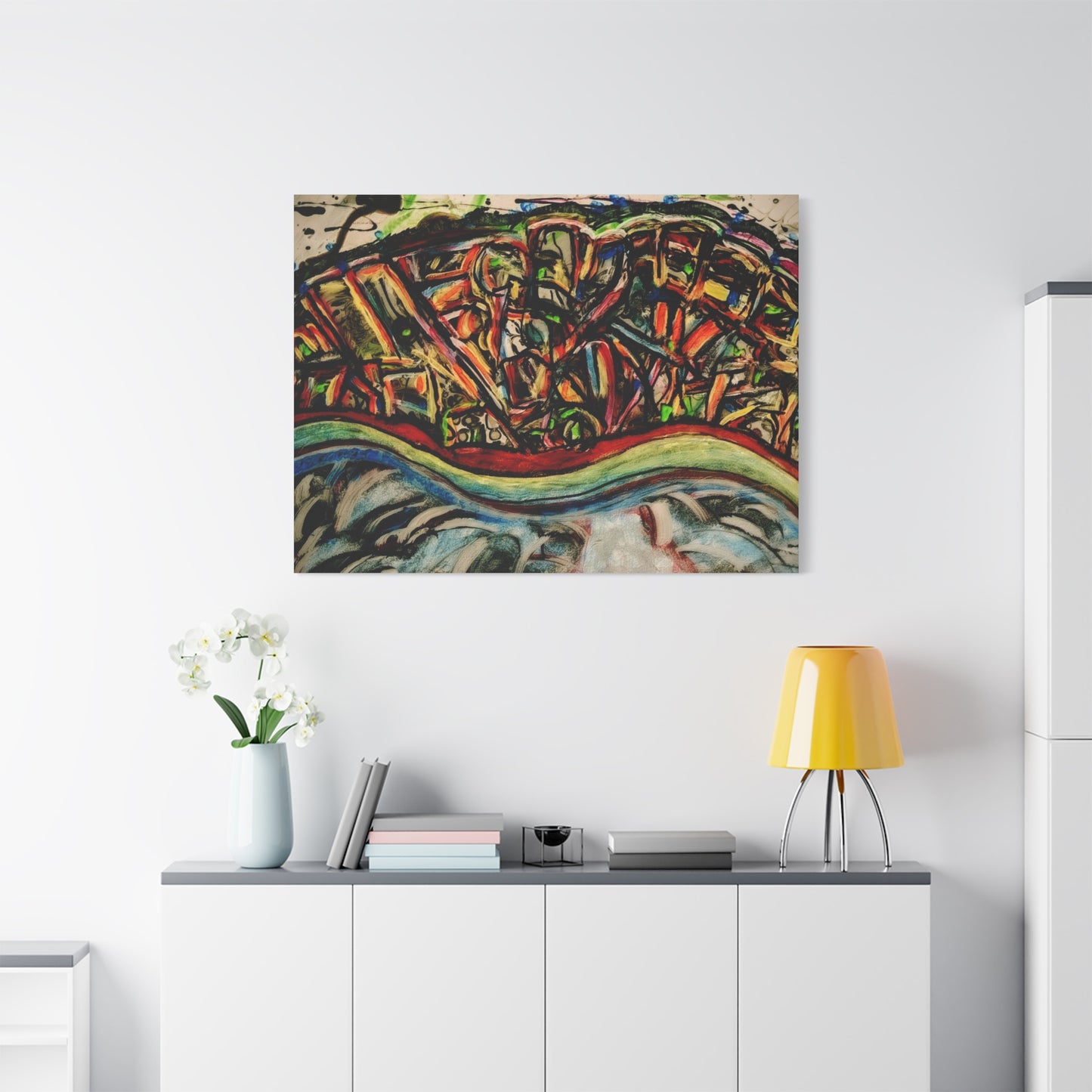 Acrylic_inequalities - Abstract Coastal Cityscape Canvas — Vibrant Ocean Wave Wall Art