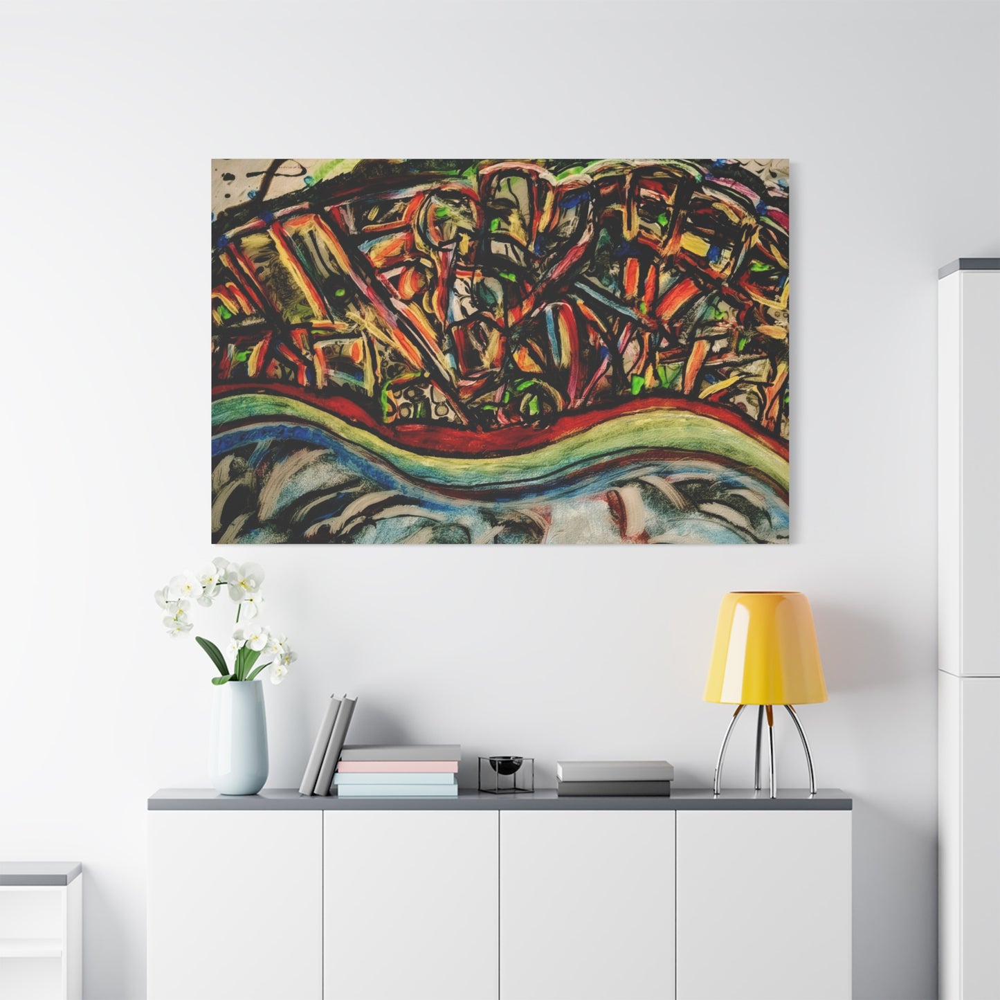 Acrylic_inequalities - Abstract Coastal Cityscape Canvas — Vibrant Ocean Wave Wall Art