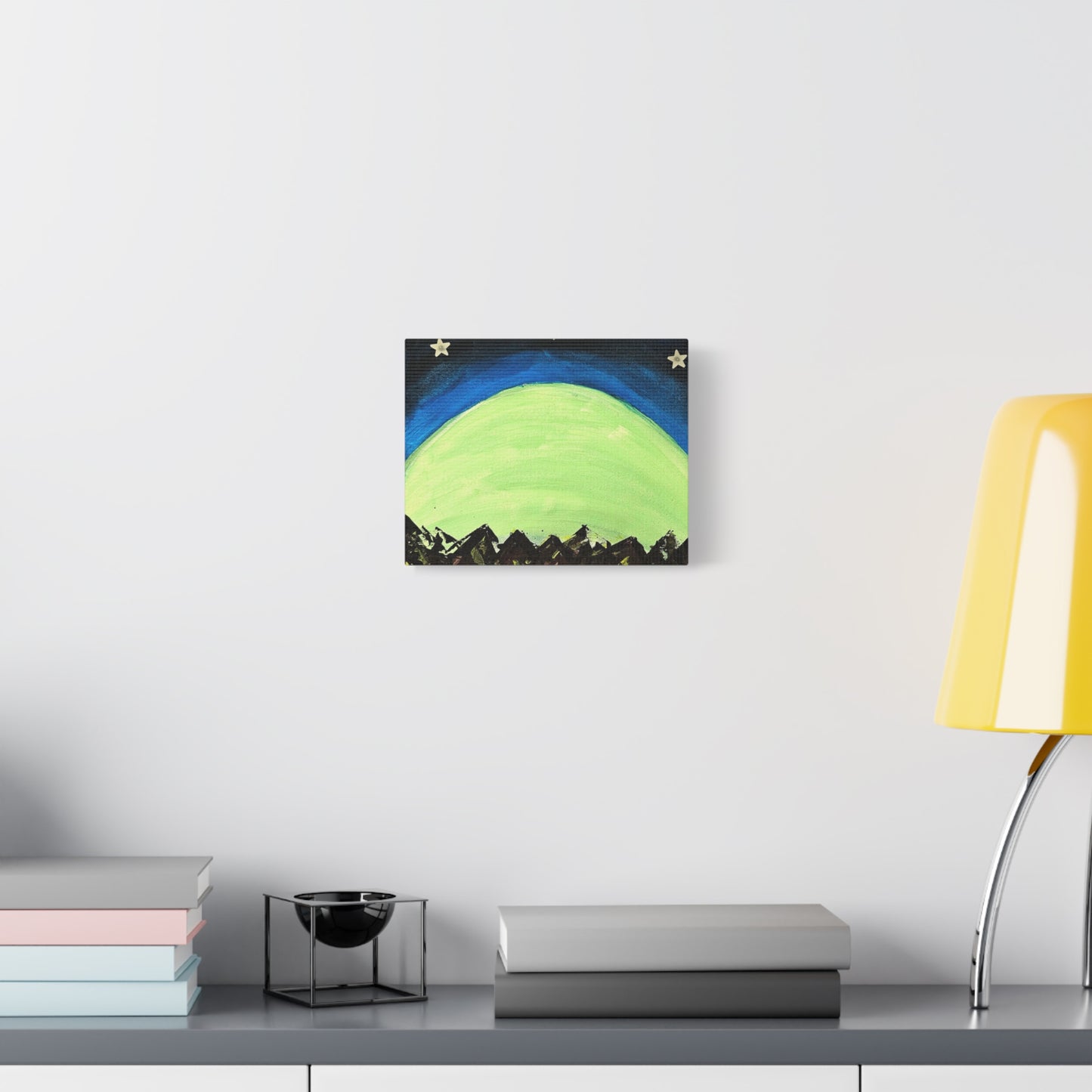 Green Moonrise Canvas Wall Art – Mountain Silhouette Nightscape
