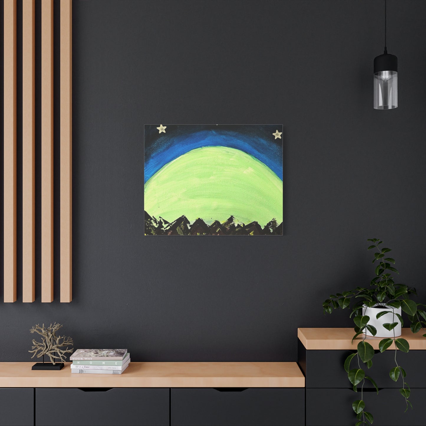 Green Moonrise Canvas Wall Art – Mountain Silhouette Nightscape