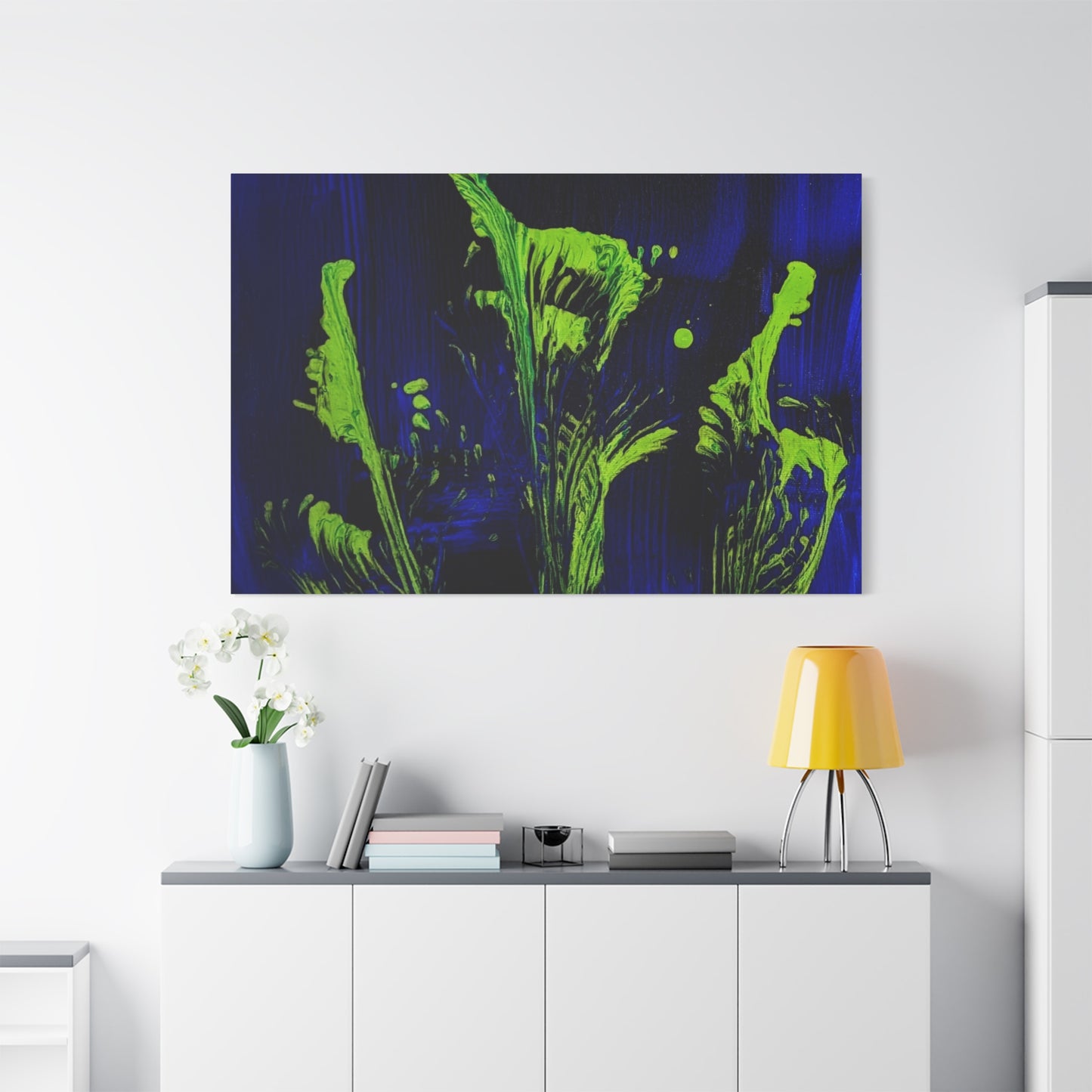 calla_lillies_pt.2 - Neon Floral Abstract Canvas Print — Blue & Lime Stretched Wall Art