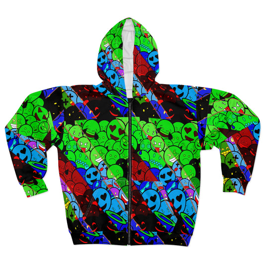 Emoji Galaxy Zip Hoodie — Neon Smiley Alien All-Over Print