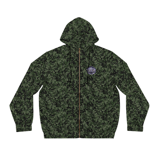 Camo Digital-Print Full-Zip Hoodie — Men's Green Military Pattern